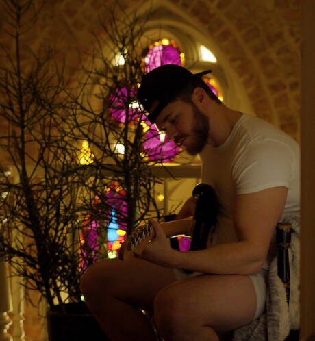 Hunky guy Matthew Camp and beefy Levi Wolfe have a hot couple scene in bathroom