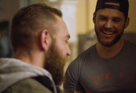 Hunky guy Matthew Camp and beefy Levi Wolfe have a hot couple scene in bathroom