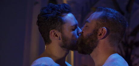 Hunky guy Matthew Camp and beefy Levi Wolfe have a hot couple scene in bathroom