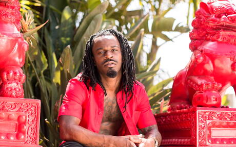 Ebony superstud Fame shows a well-build body at the pool