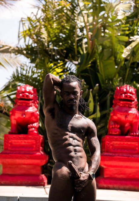 Ebony superstud Fame toont een goed gebouwd lichaam bij het zwembad