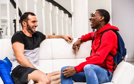 American hunky guy Colby Tucker and stud Jay Edge in interracial blowjob scene