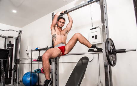 Two american dudes strongman Jackson Reed and beefy Liam Cyber in interracial blowjob scene