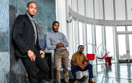 Horny buddies Pheonix Fellington, Trent King and Fame in threesome fuck action