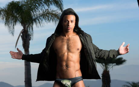 Der haarige Ebenholzhengst Zario Travezz zeigt einen wunderschönen Körper im Pool