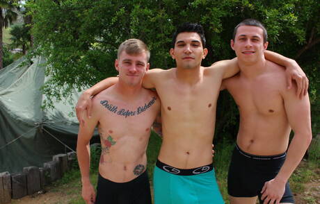 Nasty guys Ryan Jordan, Bradley Hayes and Johnny Stacks in hot groupsex outside
