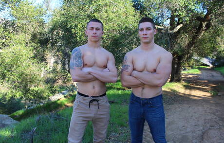 Active Duty: Nice american boys strongman Spencer Laval and hunk Bradley Hayes in blowjob scene outdoor