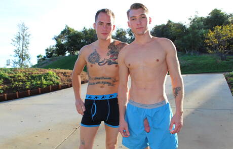 Amerikaanse sterren, knappe Richard Buldger en stoere kerel Elye Black hebben goede seks buiten