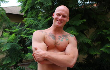 Active Duty: American well-built Roman Eros teasing with toy outside