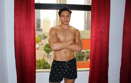 Asian muscular Leo Walker wanking outdoor