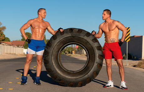 American tough guy Roman Todd and  Adam Gregory in blowjob scene outside