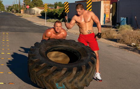 American tough guy Roman Todd and  Adam Gregory in blowjob scene outside