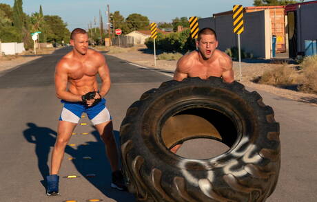 American tough guy Roman Todd and  Adam Gregory in blowjob scene outside