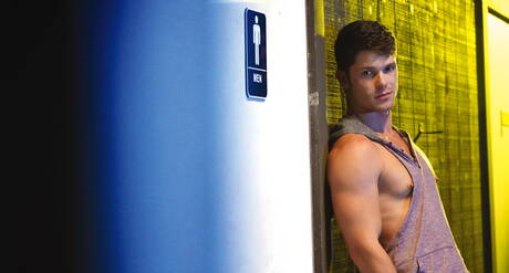 Nice american boys strongman Jj Knight and muscular Devin Franco fuck ass after sucking dick in bathroom