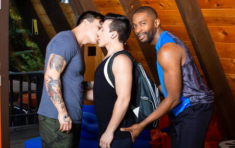 Nasty buddies Trevor Miller, Collin Lust and Lawrence Portland in hot interracial groupsex