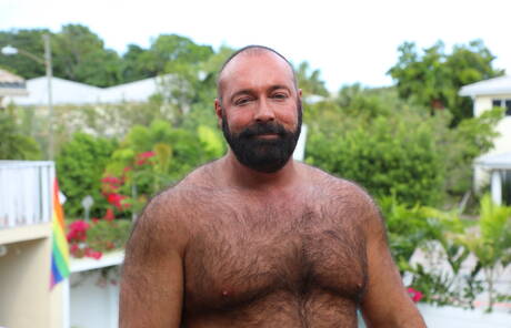 American bear Brad Kalvo and  The Rhino have anal sex outside