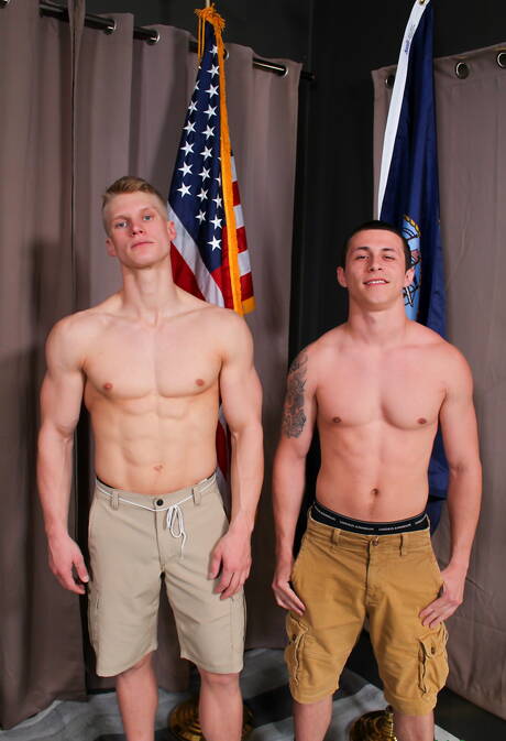 Active Duty: Hot american boys strongman Bradley Hayes and beefcake Blake Effortley in hot homosexual scene outside