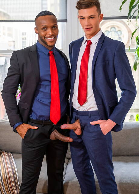 Ebony hunky guy Andre Donovan and dutch hot twink Braxton Boyd in black on white anal sex