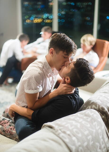 Kyle Ross, Tyler Hill, Joey Mills, Cameron Parks, Julian Bell, Angel Rivera, Corey Marshall in hot twink orgy in hotel