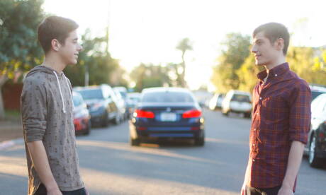 American pornstars beautiful boy Joey Mills and hot twink Garrett Graves fuck after dick sucking outside