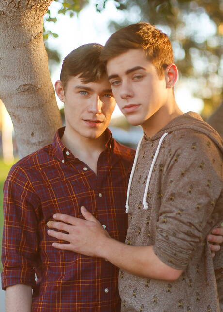 American pornstars beautiful boy Joey Mills and hot twink Garrett Graves fuck after dick sucking outside