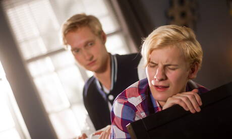 American beefy Max Carter and young Adam Hunt in butt spanking