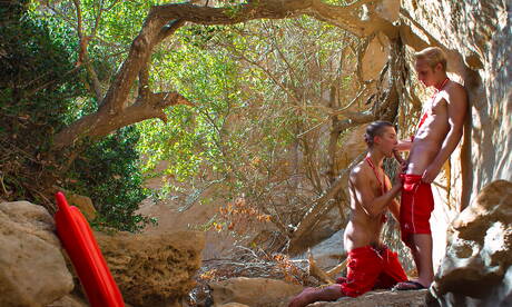 El guapo americano Max Carter y el joven Sean Ford follan después de chupar pollas en la playa
