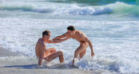 Czech stars muscular Jon Kael and well-built Ian Roebuck undressing and showing nice ass on beach