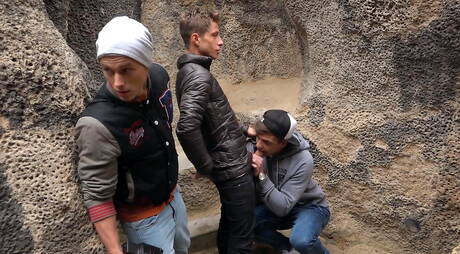 Hot boysJack Harrer, Kevin Warhol and Joaquin Arrenas in hot threesome ass bang outside