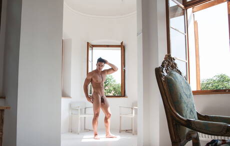 Latin husky guy Miguel Estevez posing naked and showing his ass outdoor