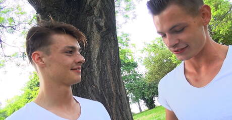 Zwei tschechische Jungs, der attraktive Jeroen Mondrian und der attraktive Matthieu Pique, lutschen und ficken sich draußen