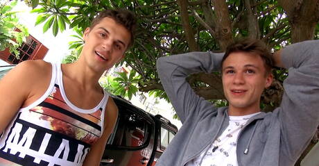 Slovak pretty boy Dylan Maguire and czech young Jamie Durrell fuck after dick sucking outdoor