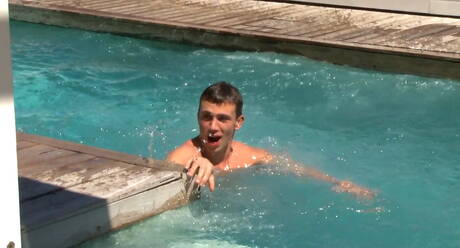 American stud Robin Michaux and czech young boy Tim Campbell love each other in the pool