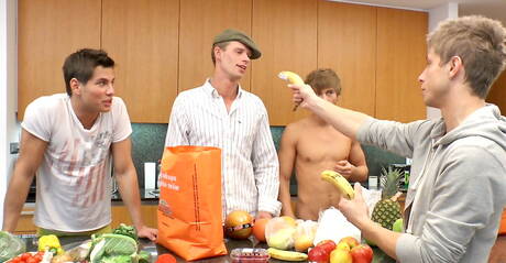 Hot guys Jack Harrer, Kevin Warhol and Adam Archuleta have a hot 3some sex in kitchen