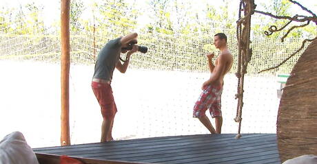 Husky guy Dan Arlett having a pleasure outdoor