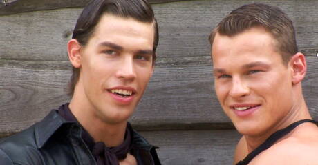 American stud Kris Evans and czech beefy Ryan Kutcher undressing and showing nice ass outside