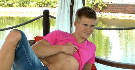 Stud Ashton Mitchell jerk off his cock outdoor