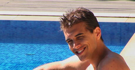 Czech beefy Jason Clark playing with cock at the pool