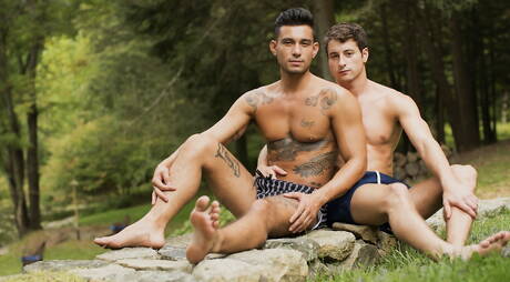 Zwei amerikanische Typen, der starke Mann Ricky Roman und der Superhengst Taylor Reign, ficken sich nach einem Blowjob am Pool in den Arsch