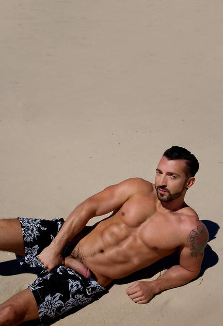Cocky Boys: Latino stud Jimmy Durano and american strongman Ricky Roman in hot homosexual action on beach