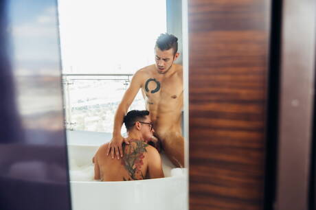 Pretty american boys well-built Dante Colle and hunky guy Vincent Oreilly have anal sex in bathroom