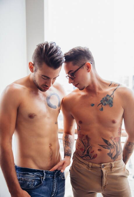 Pretty american boys well-built Dante Colle and hunky guy Vincent Oreilly have anal sex in bathroom