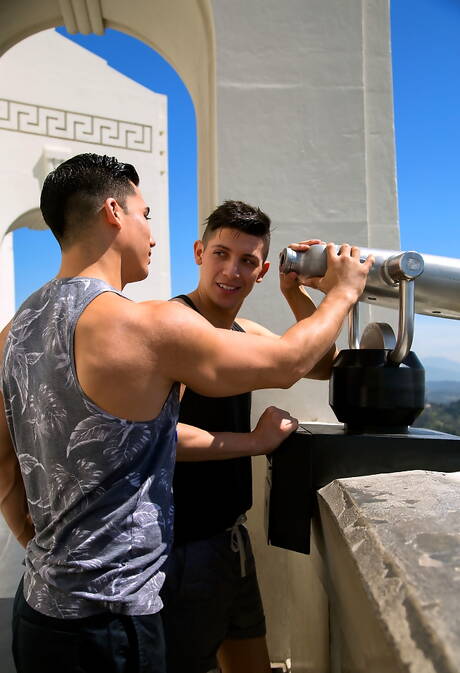 Latino hunk Danny Montero and american muscular Topher Dimaggio fuck ass after sucking outside