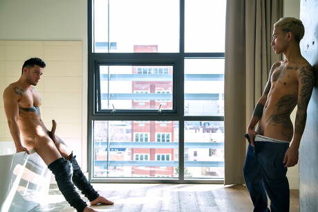 Pretty boy Jae Roze and american muscular Ricky Roman make a love in bath