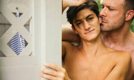 Two american dudes stud Aiden Ward and superstud Austin Wolf in hot homosexual scene outdoor