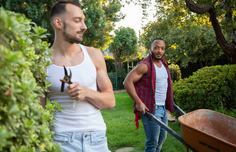 Black husky guy Dillon Diaz and  Johnny B fuck interracial ass after sucking cock outside