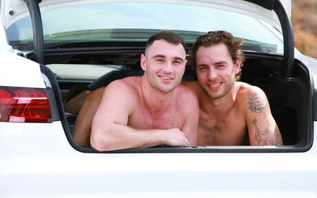 American strongman Carter Woods and british husky guy Michael Boston drilling an ass outside