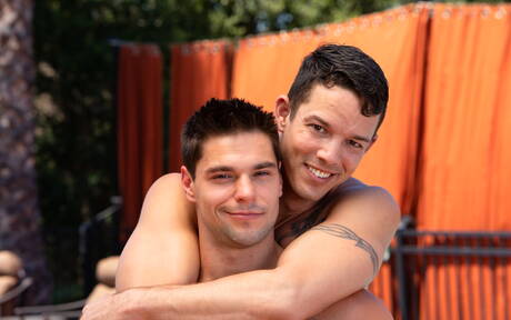 Hot american guys stud Aspen and well-built Nic Sahara fuck after dick sucking and fisted at pool