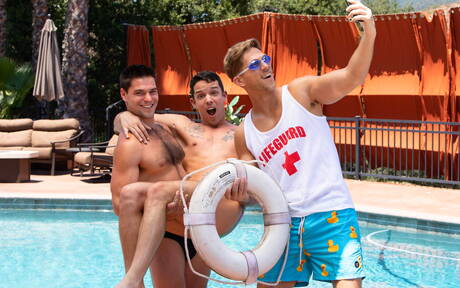 Hot american guys stud Aspen and well-built Nic Sahara fuck after dick sucking and fisted at pool