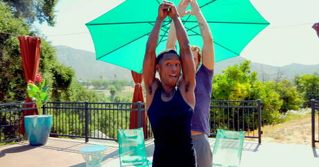 Hot americans, hunk Miller Axton and stud Carter Woods fuck interracial ass after sucking cock outdoor